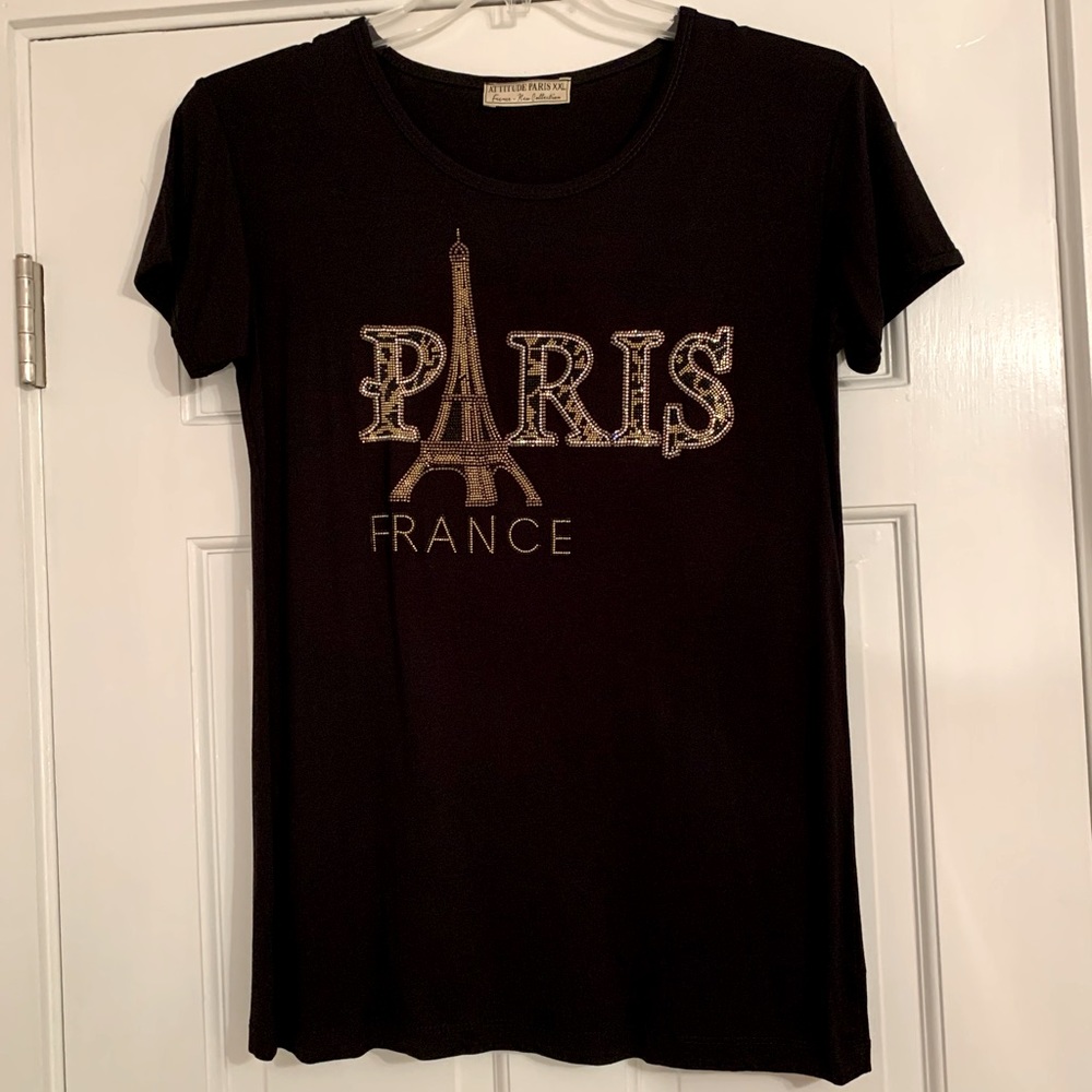 Paris T-Shirt - Black, Rhinestone Details, XXL